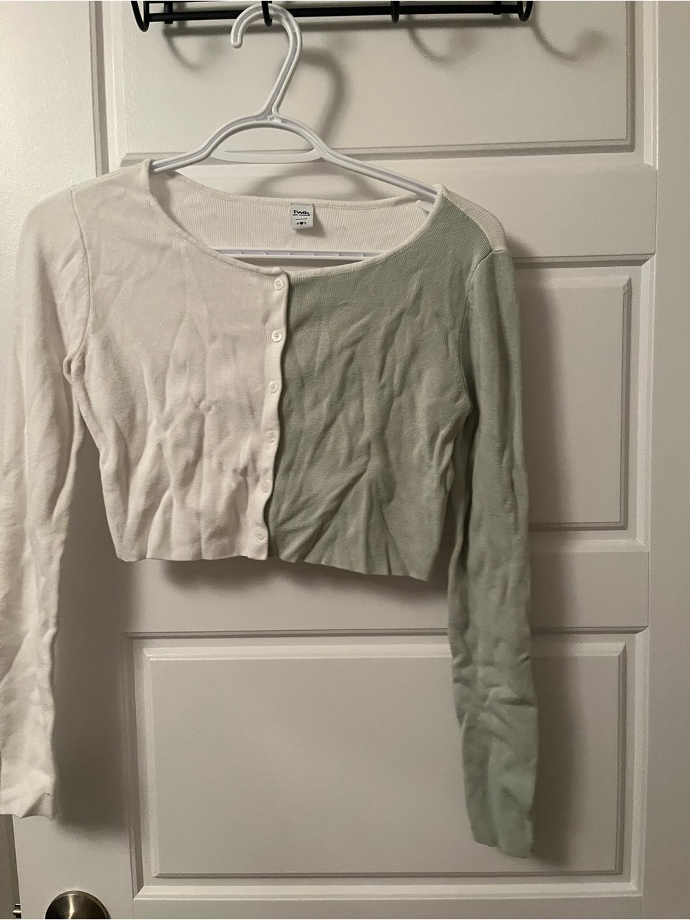 twik Two-Tone Cropped Button-Front Top in White & Sage